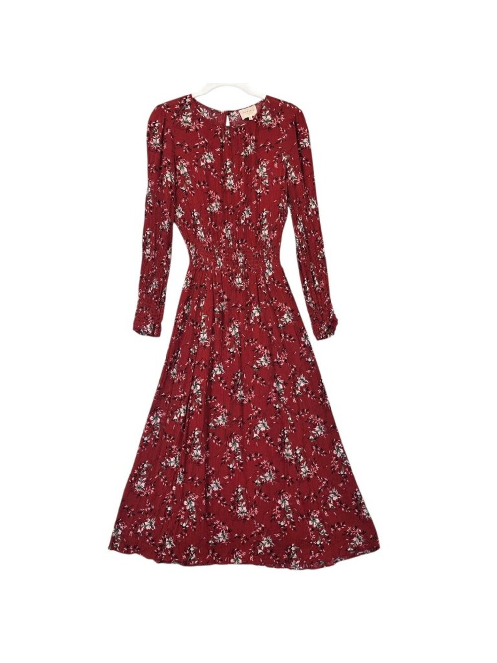 Sézane Dress Womens 36 Red Floral Long Sleeve Fit & Flare Midi Lined Smocked